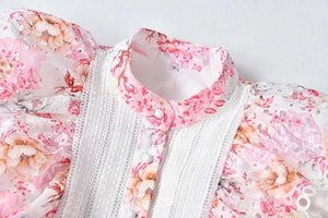 Statement frilled ruffle pink floral midi dress