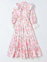 Load image into Gallery viewer, Statement frilled ruffle pink floral midi dress