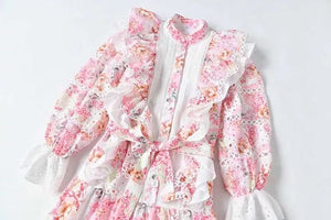 Statement frilled ruffle pink floral midi dress
