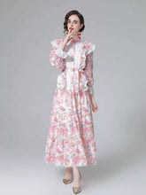 Load image into Gallery viewer, Statement frilled ruffle pink floral midi dress