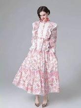 Load image into Gallery viewer, Statement frilled ruffle pink floral midi dress