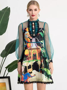 Vibrant Garden dress with sheer sleeves