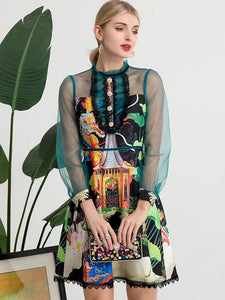 Vibrant Garden dress with sheer sleeves