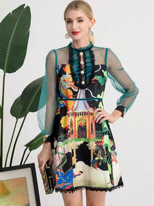 Vibrant Garden dress with sheer sleeves