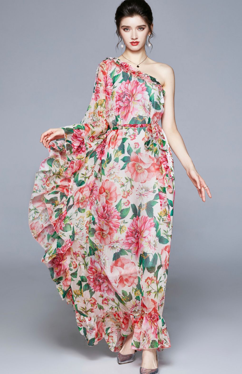 Fashion single printed chiffon maxi dress hotsell