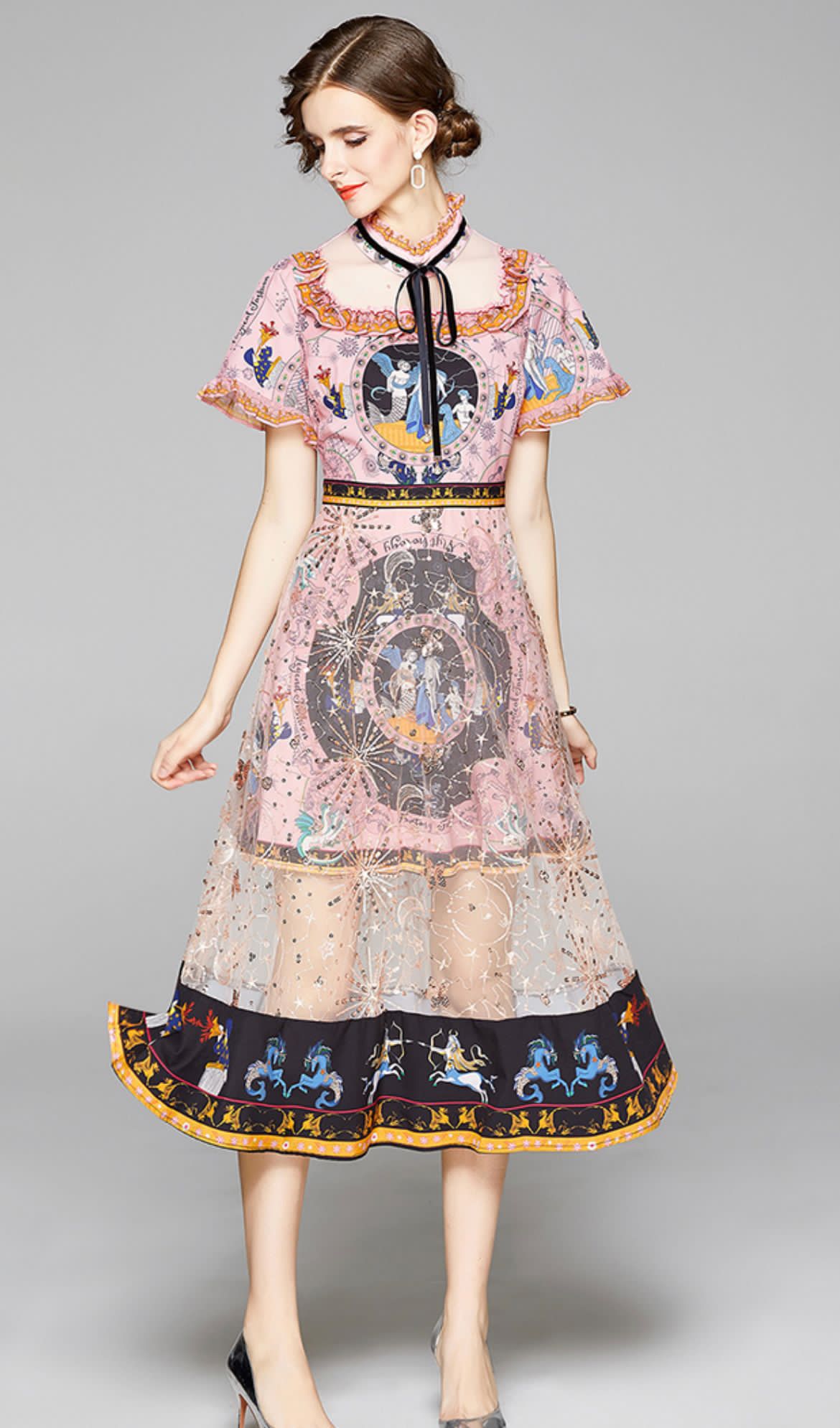 Mystical creatures short sleeve dress with sheer panel