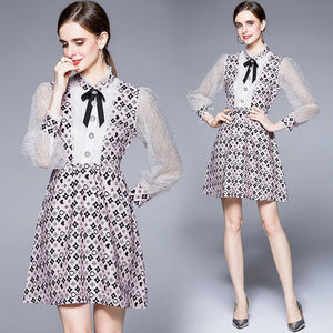 Flower and diamond printed mini dress with sheer sleeves