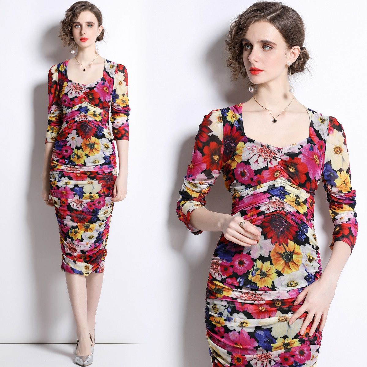 Ruched 3/4 sleeve dress in deep rich floral print