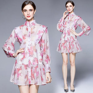 Red & pink flowers high neck mini dress