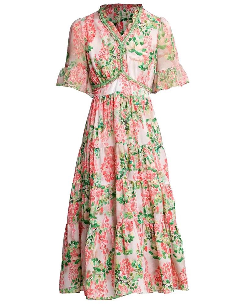 Pink cluster flower with green leaves short sleeve dress