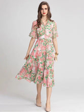 Load image into Gallery viewer, Pink cluster flower with green leaves short sleeve dress