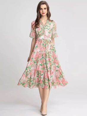 Pink cluster flower with green leaves short sleeve dress