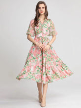 Load image into Gallery viewer, Pink cluster flower with green leaves short sleeve dress