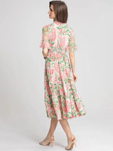 Load image into Gallery viewer, Pink cluster flower with green leaves short sleeve dress