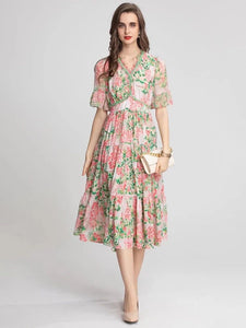 Pink cluster flower with green leaves short sleeve dress