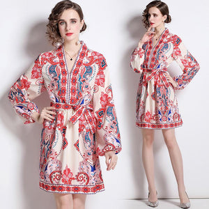 Powerful in paisley v neck mini dress with belt