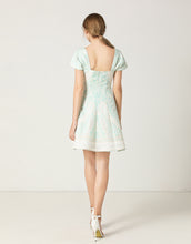 Load image into Gallery viewer, White and light teal mini dress with pearl details sample sale