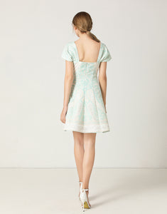 White and light teal mini dress with pearl details sample sale