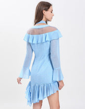 Load image into Gallery viewer, Dotty baby blue cut out shoulder gathered hem mini dress