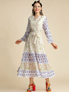 Long sleeve Belted Hollow out Floral Print Midi Dress