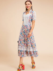 High neck detail with 60s floral print midi dress