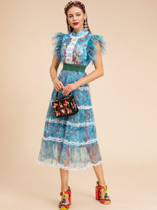 Butterfly Sleeve Lace Elastic waist Floral print Midi Dress
