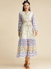 Load image into Gallery viewer, Long sleeve Belted Hollow out Floral Print Midi Dress
