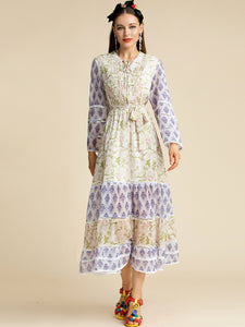 Long sleeve Belted Hollow out Floral Print Midi Dress