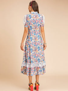 High neck detail with 60s floral print midi dress
