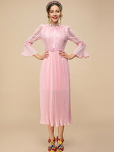 Load image into Gallery viewer, Pink Appliques Lace Midi Dress with belt