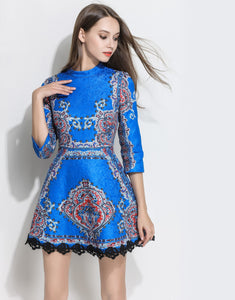 Electric Blue High Neck Skater Vintage Dress with Sleeves