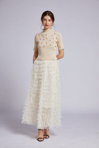 Knitted embellished top and tiered ruffle skirt set *comes in 3 colours*