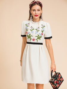 Stand Collar Short Sleeve Flower Embroidery Mini Dress