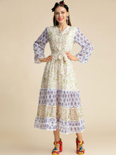 Load image into Gallery viewer, Long sleeve Belted Hollow out Floral Print Midi Dress