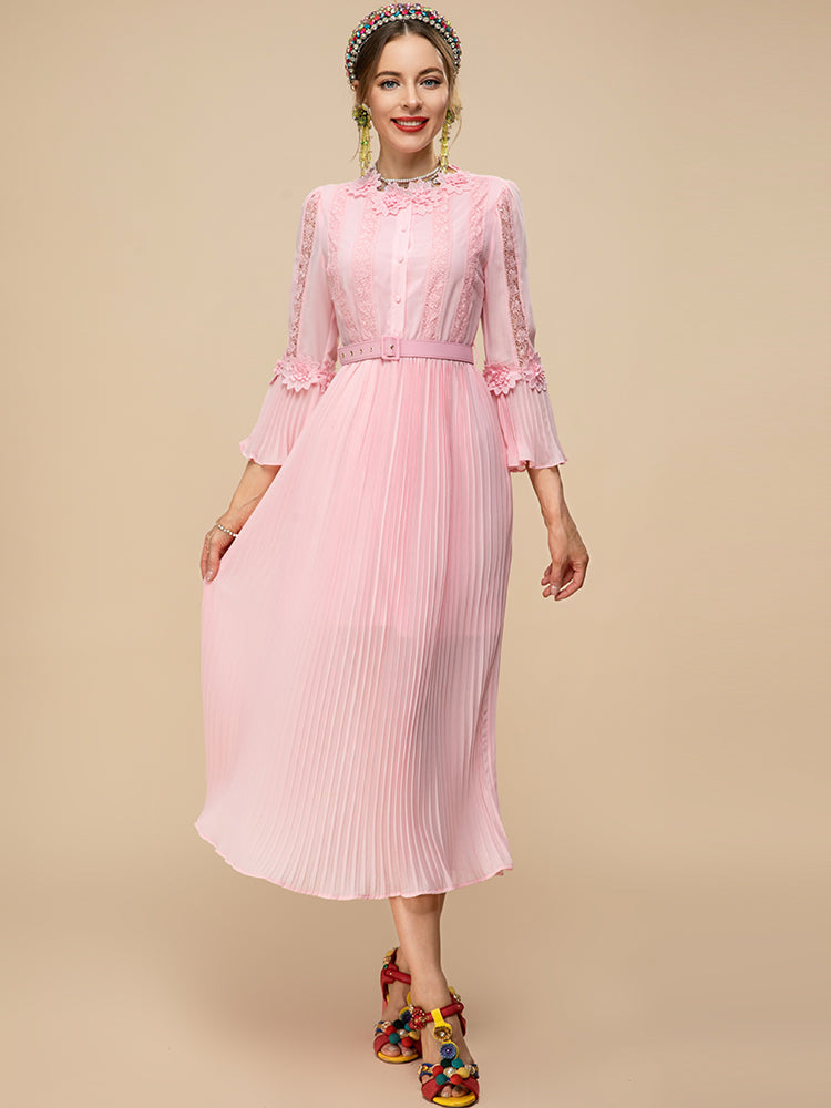 Pink Appliques Lace Midi Dress with belt