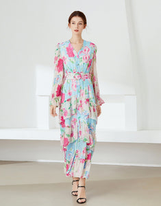 Vivid floral maxi dress with belt