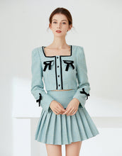 Load image into Gallery viewer, Light blue tweed with black bows two piece set