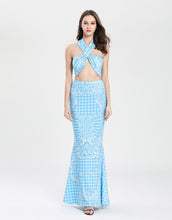 Load image into Gallery viewer, Multiway White and blue tiled crop top and maxi skirt