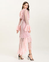 Load image into Gallery viewer, Baby Pink Sheer Lace ruffle maxi dress