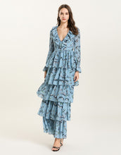 Load image into Gallery viewer, Blue Floral v neck long sleeved Tiered ruffle maxi dress