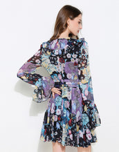 Load image into Gallery viewer, Blue Kaleidoscope plunge mini dress with bell sleeves