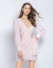 Load image into Gallery viewer, Soft pink gingham v neck dress with side gathering