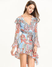 Load image into Gallery viewer, Light blue multi tile patterned mini dress with cut out shoulder.