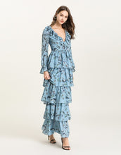 Load image into Gallery viewer, Blue Floral v neck long sleeved Tiered ruffle maxi dress