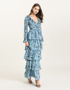 Blue Floral v neck long sleeved Tiered ruffle maxi dress