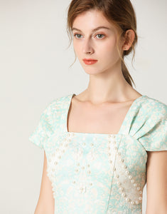 White and light teal mini dress with pearl details sample sale