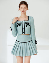 Load image into Gallery viewer, Light blue tweed with black bows two piece set