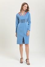 Load image into Gallery viewer, blue dress with yellow and red border sample sale