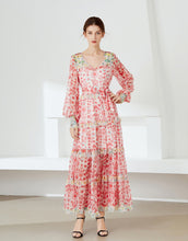 Load image into Gallery viewer, Red smudge pattern ruffle maxi dress