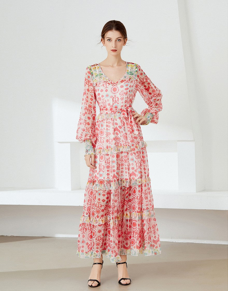 Red smudge pattern ruffle maxi dress